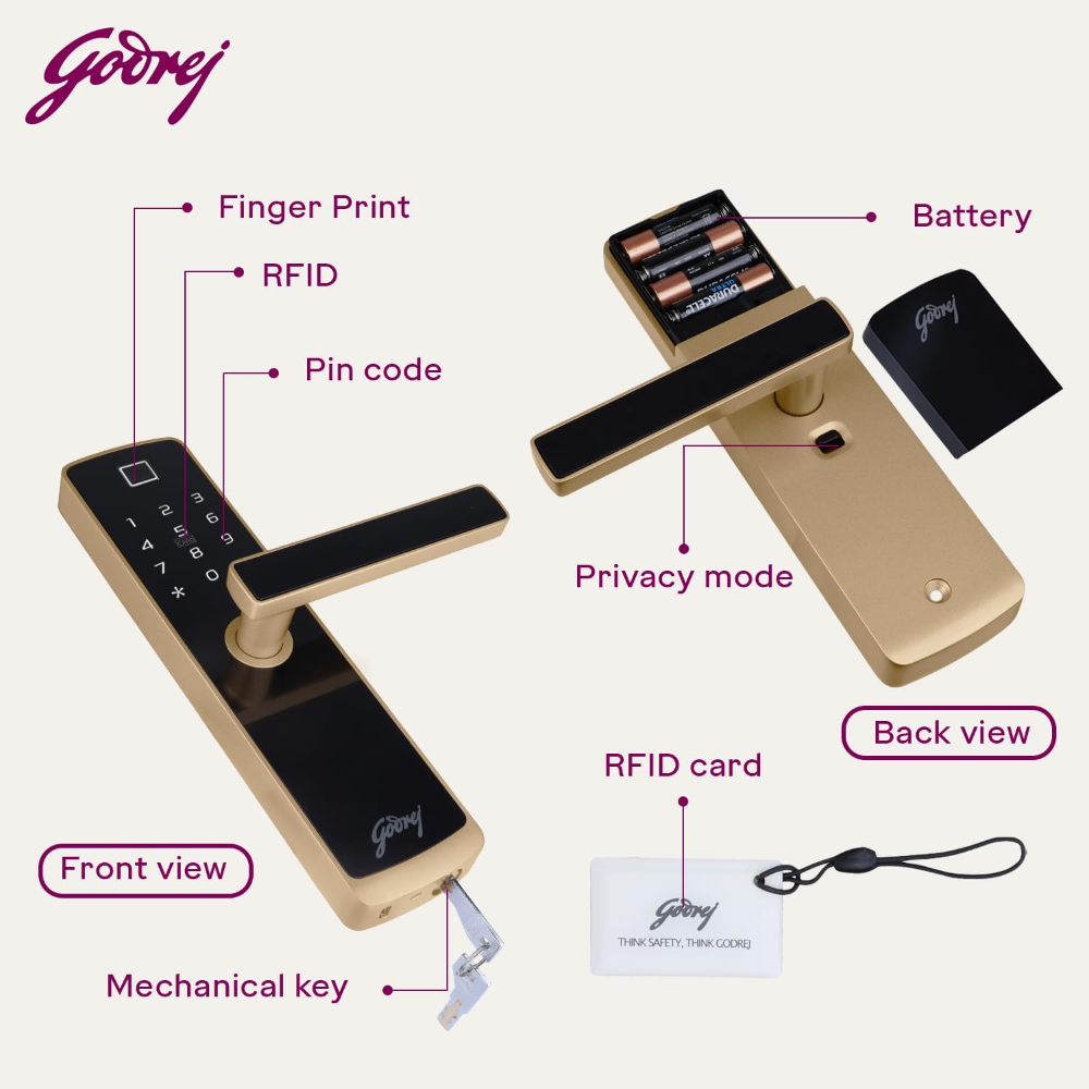 Godrej Locking Solutions and Systems Smart LocksICatus Touch PlusISmart Digital Lock for Wooden DoorI4 in 1 AccessI FingerprintIRfidIPin AccessIMechanical KeyIChampagne Gold Finish, Alloy Steel